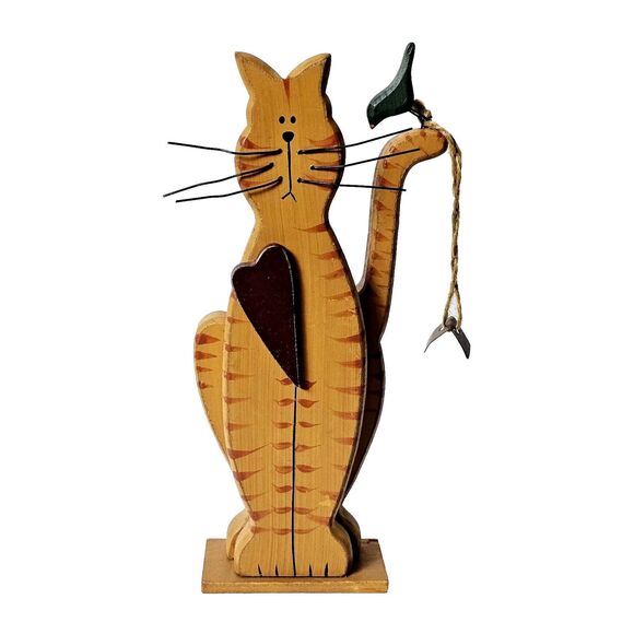 Cat Folk Art Wooden Figure with Bird Wire Whiskers 8" Primitive Tabby - Picture 1 of 8